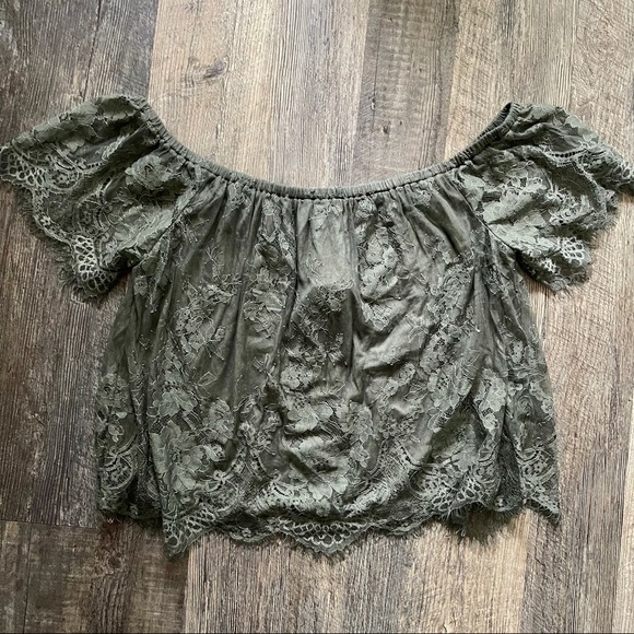 American Eagle | Olive Lace Off Shoulder Top - Picture 2 of 8
